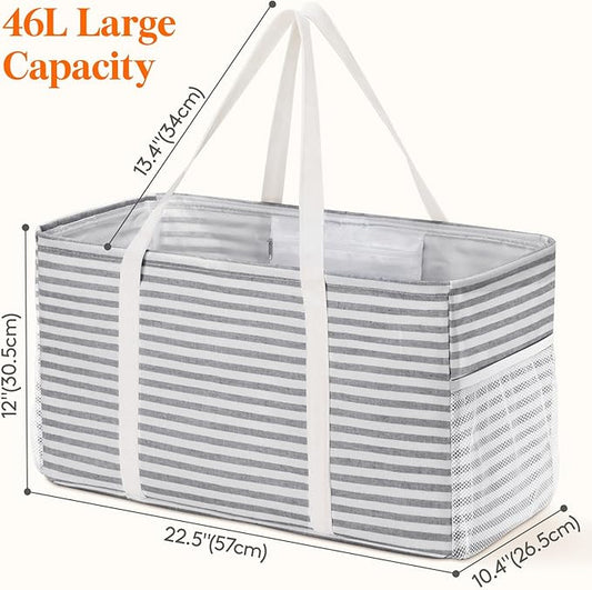 Lifewit Extra Large Tote Bag, Reusable Grocery Bags with Metal Wire Frame and Handles, Standing Utility Foldable Shopping Bags for Storage, Picnics, Beach, Pool, Laundry, Car 2 Packs 46L Gray and Blue