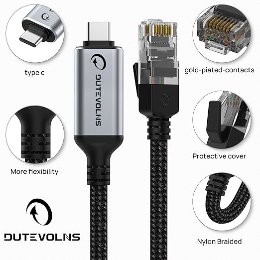 USB C to Ethernet Cable 15FT, Type C to RJ45 Nylon Cord, Gigabit Directly Connected, Compatible for MacBook Pro, iPad Pro, Smartphone, Laptop, PC
