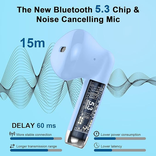 Wireless Earbuds, Bluetooth 5.4 Headphones in Ear with Noise Cancelling Mic, Bluetooth Earbuds Stereo Bass, IP7 Waterproof Sports Earphones, 32H Playtime USB C Charging Buds Light Blue for Android iOS