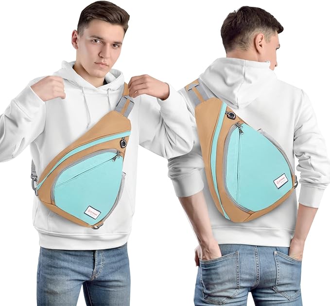 ZOMAKE Sling Bag,Small Crossbody Sling Backpack,Water Resistant Shoulder Daypack for Travel,Anti Thief Chest Bag for Hiking(Brown,Cyan)