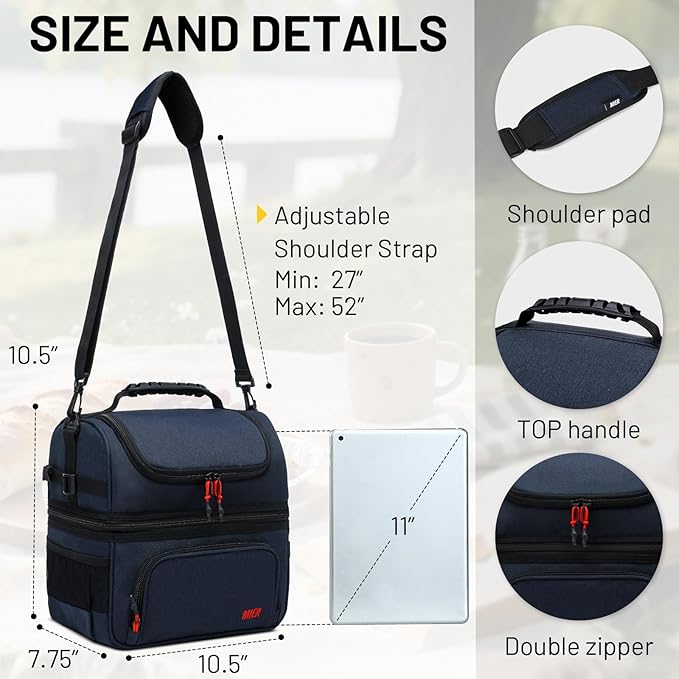 MIER Dual Compartment Lunch Bag Tote with Shoulder Strap for Men and Women Insulated Leakproof Cooler Bag, Dark Blue