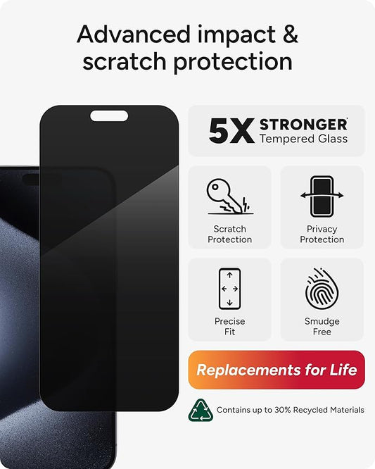ZAGG Glass Elite Privacy iPhone 15 Pro Max Screen Protector - 5X Stronger with Reinforced Edges, 2-Way Privacy Filter, Scratch & Smudge-Resistant Surface, InvisibleShield, Easy to Install