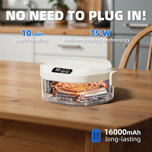 Cordless Electric Lunch Box for Adults,1L Extra-Large Capacity Lunch Box with Insulated Bag,16000mAh Rechargeable Self-Heating Food Warmer with Smart Timer Function for Travel,Camping,Officing