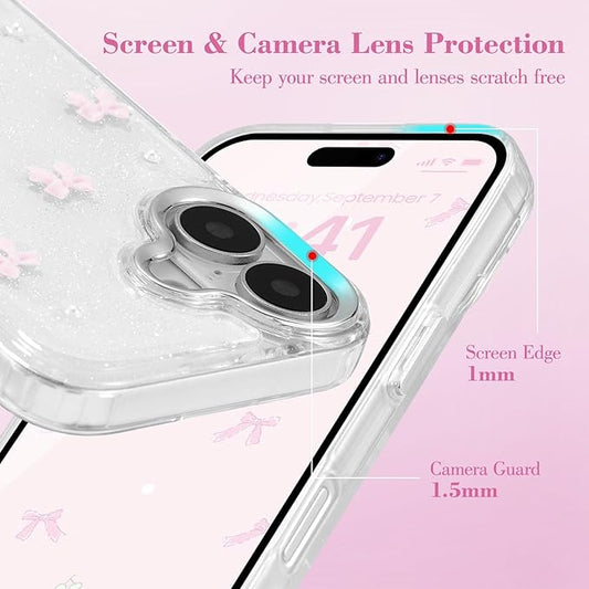 EYZUTAK Case for iPhone 17, Bling Glitter 3D Bowknot Phone Case Cute Sparkly Crystal Clear Bow Aesthetic Design Cover Slim Soft Durable TPU Transparent Protective Cover for Women Girl - Pink Bow