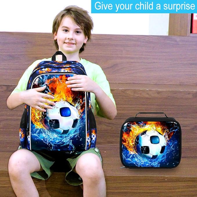 17" Soccer Backpack for Boys, Kids Bookbag with Lunch Box, 3Pcs Football School Backpacks for Elementary Preschool Kindergarten (Fire and Ice)