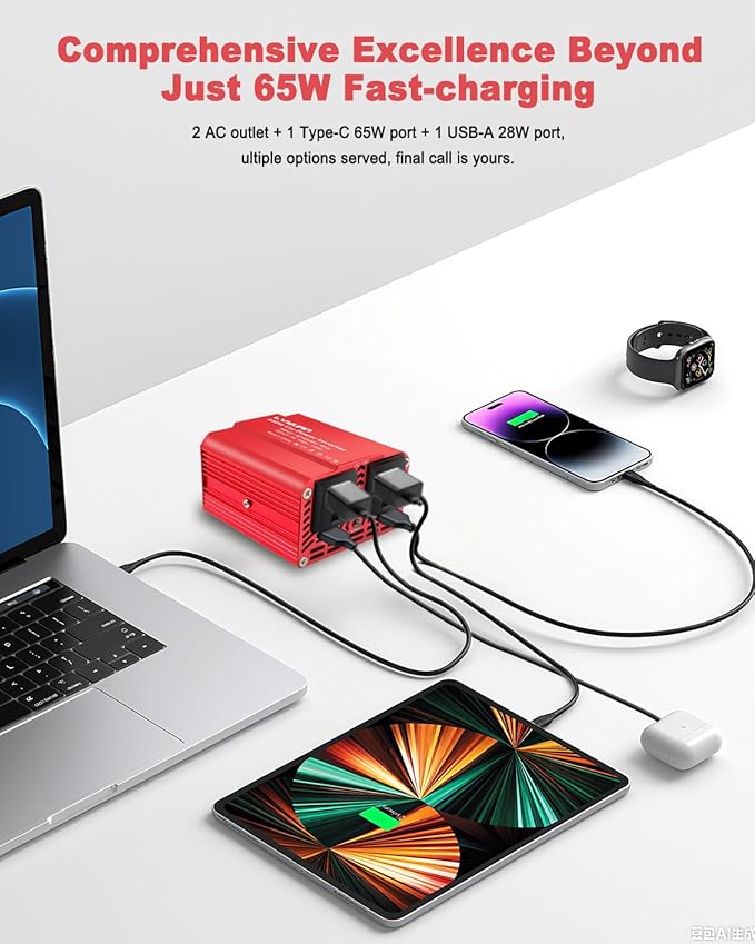 200W Power Inverter, LVYUAN Inverter 12V DC to 110V AC Car Plug in Adapter Outlet 65W PD Type-C & 28W QC Fast-Charging Ports Vehicle Converter for Phone, Laptops, Road Trip Charger