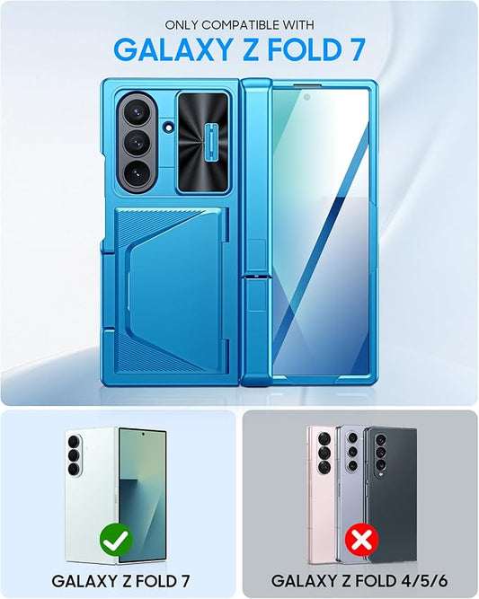 for Samsung Galaxy Z Fold 7 Case with Card Holder RFID Blocking, Built in Slide Lens Cover & Hinge Protection & Kickstand & Screen Protector, Shockproof Wallet Case for Z Fold 7 (Lake Blue)