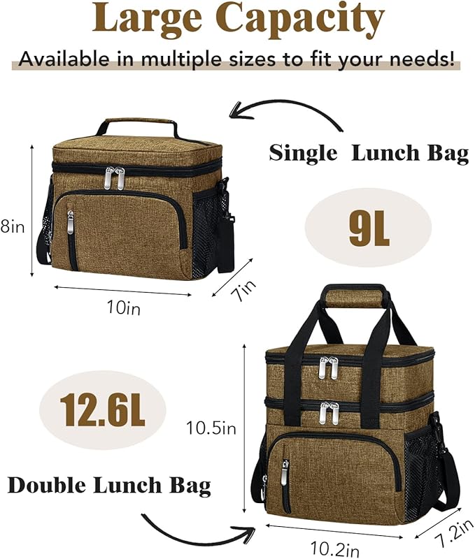 Insulated Lunch Bag for Men & Women - Leakproof Lunch Box Soft Cooler Tote, Adjustable Strap, Reusable Lunch Box for Work Office Picnic Beach Travel-Coffee