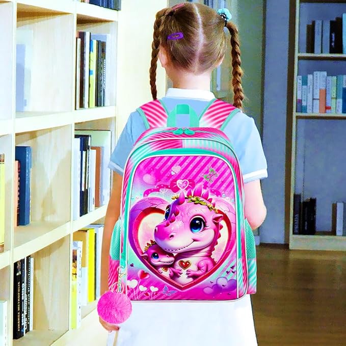 16" Dinosaur Backpack for Girls, 3Pcs School Bookbag with Lunch Box, Kids Backpacks Set for Elementary Preschool Kindergarten(Pink)