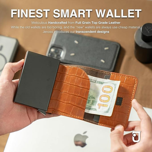 Jenoss Smart Wallet For Men: Full Grain Leather, Handcrafted, Slide Metal Pop Up Case, Slim RFID Blocking Credit Card Holder, Minimalist, Compact - 6-8 Cards Organizers, Front Pocket (Light Brown)