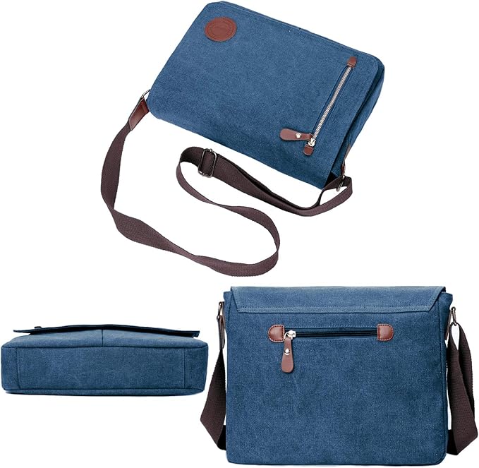 Vintage Canvas Satchel Messenger Bag for Men Women,Travel Shoulder bag 13.5" Laptop Bags Bookbag (Blue)