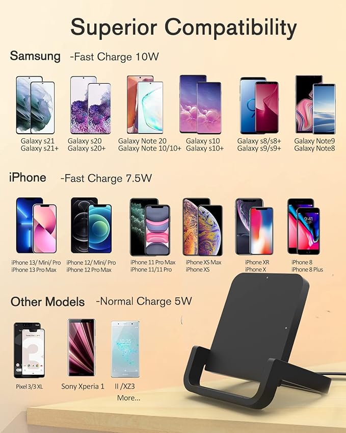 Fast Wireless Charger 10W Charging Stand Compatible with iPhone 13 12 11 Pro XR XS X 8 Plus Samsung Galaxy S20 S10 Note 20 10 Google LG and Other Cell Phones…