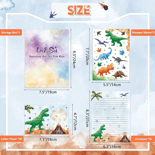 WERNNSAI Kids Stationery Set -72 PCS Dinosaur Boys Stationery Set Teens Dino Letter Writing Kit Dinosaur Letter Paper Set Stationery Writing Sheets with Envelopes School Gift Set