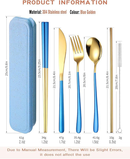 AARAINBOW 6 Pieces 18/8 Stainless Steel Flatware Set Portable Reusable Cutlery Set Travel Utensils Set Including Chopsticks Knife Fork Spoon Straws Cleaning Brush Dishwasher Safe (Blue golden)