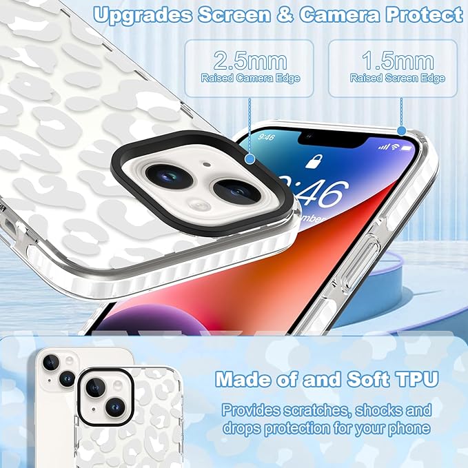 ZIYE Clear Case for iPhone 14 Plus Phone Case White Leopard Design Shockproof Soft TPU Bumper Protective for Women Girls Girly Cute Cover