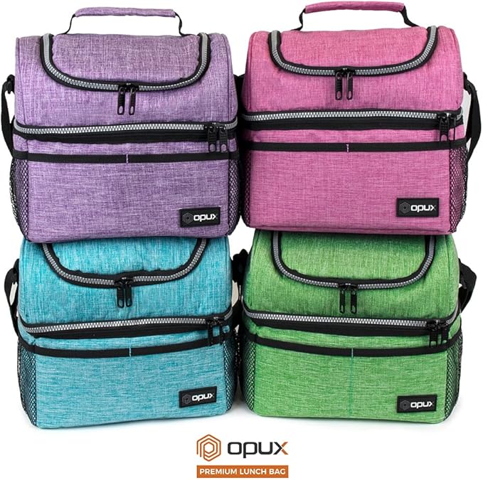OPUX Lunch Box For Women, Insulated Large Lunch Bag Adult Work, Double Decker Lunchbox Meal Prep, Dual Compartment Leakproof Lunch Cooler, Soft Lunch Pail Tote for Girls Kids School (Purple 16 Cans)