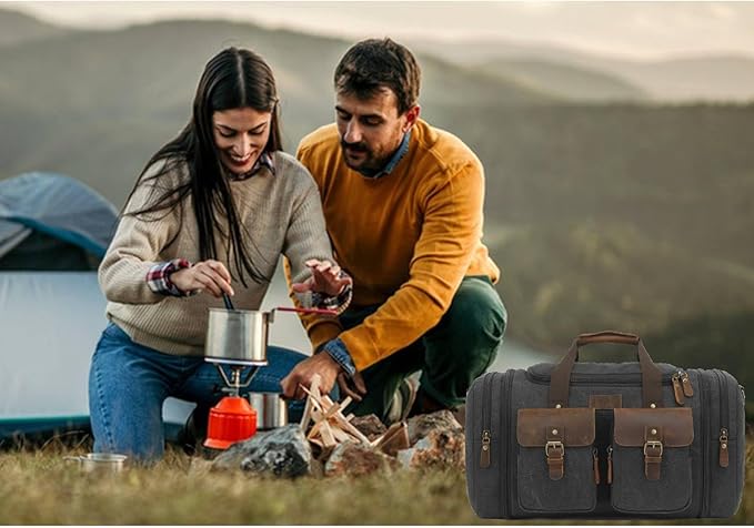 Imyth Retro Crazy Horse Leather Canvas Duffle Bag 60L Expandable Travel Bag for Airplanes (Black)