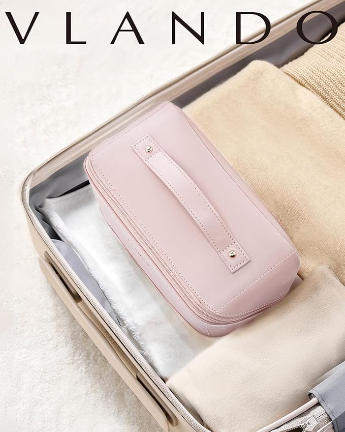 Vlando Makeup Bag,Large Capacity Toiletry Bag for Women Waterproof Portable Make up Pouch PU Leather Open Flat Cosmetic Bag(Pink)