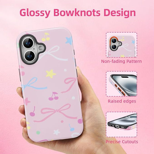 QLTYPRI Case for iPhone 16 Plus, Aesthetic Colorful Bow Cherry Stars Phone Case for Girls Women, Protective Hybrid 2-Layer Hard Shell Silicone Cover Durable Shockproof Phone Cover - Pink