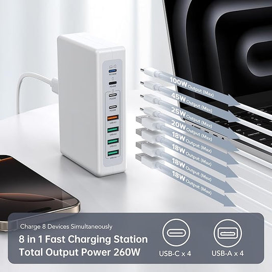 260W USB C Charger Block, GaN USB 8-Port Fast Charging Station Hub, QC 4.0 Fast Charging Cube+PD 100W 65W C Laptop Charger for MacBook Pro Air iPad iPhone 16/15/14/13/12/Pro Max Plus,Galaxy