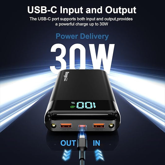 Portable Charger Power Bank 52800mAh Powerbank PD 30W and QC 4.0 Fast Charging Built-in Bright flashlight LED Display 2 USB 1Type-C Output External Battery Pack for iPhone, Samsung, iPad etc (black)