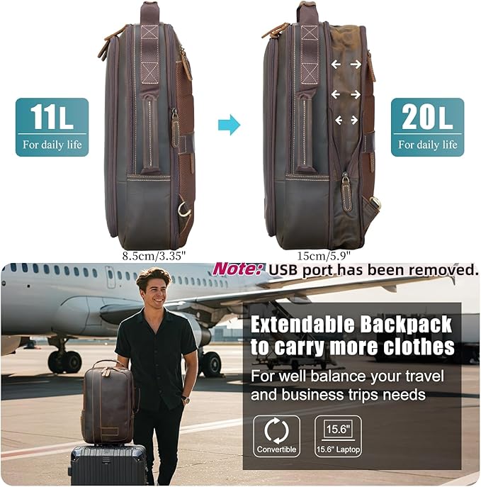 Masa Kawa Leather 15.6" Laptop Backpack for Men Convertible Briefcase Backpacks Expandable Vintage Business Work Travel Rucksack Daypack, Brown