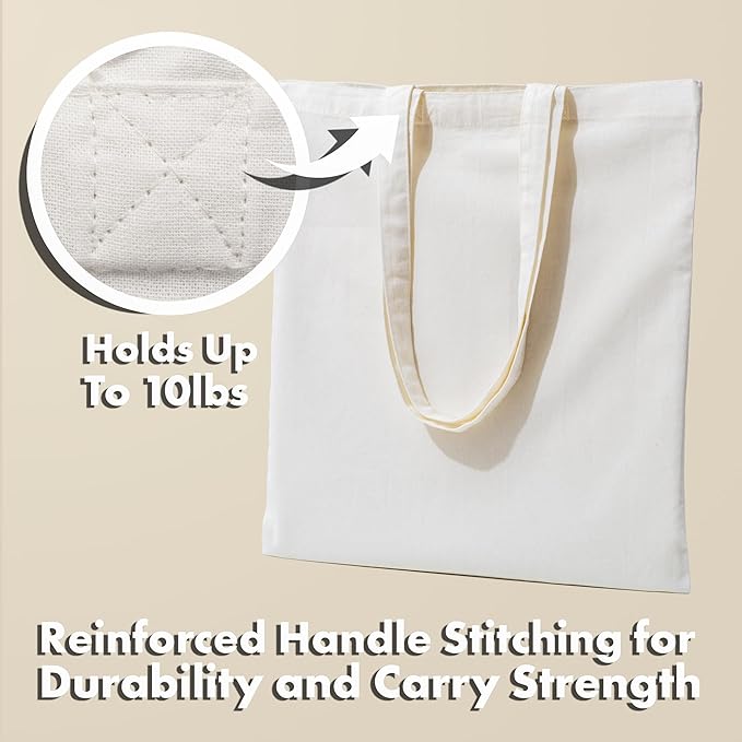 Carrywell |Not Made In China| 24 Pack Cotton Tote Bags, Lightweight Reusable Grocery Shopping Bag, Blank Bulk Cloth Totes with Handles, Great For Custom Screen Print and Gifts (15"x16")