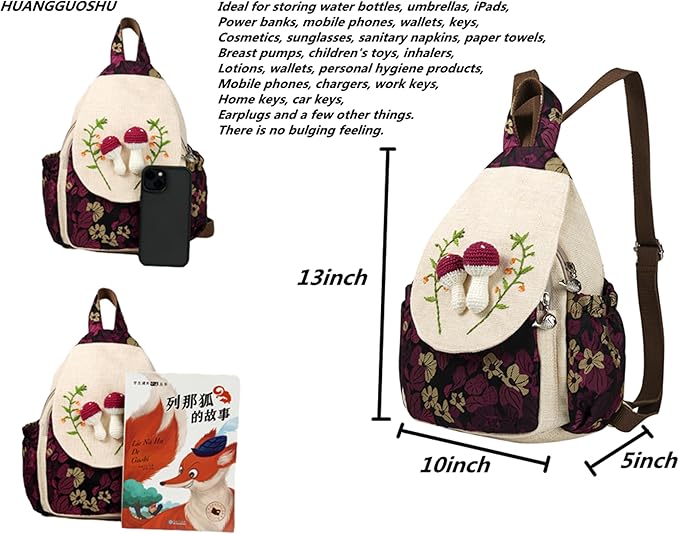 HUANGGUOSHU Bohemian Hand-Knit Mini Backpack for Women - Stylish, Functional, and Ideal for Travel, School, and Work Mushroom Backpack
