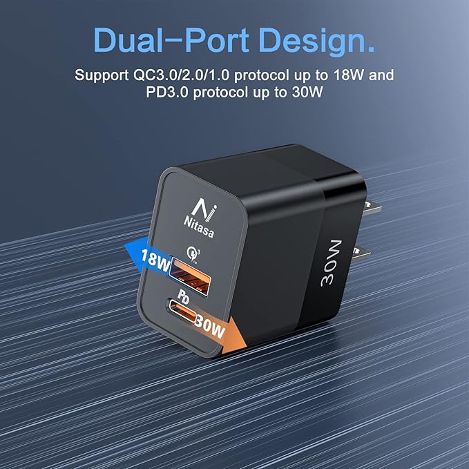 2 Pack USB C Wall Charger,NITASA 30W 2 Port PD Fast Charger Adapter for iPhone 15/16 Pro/17 Pro Max/17/iPad, Super Fast Charger Block(25W) Type C for Samsung S25/S24,Google Pixel 10/9 8 Pro