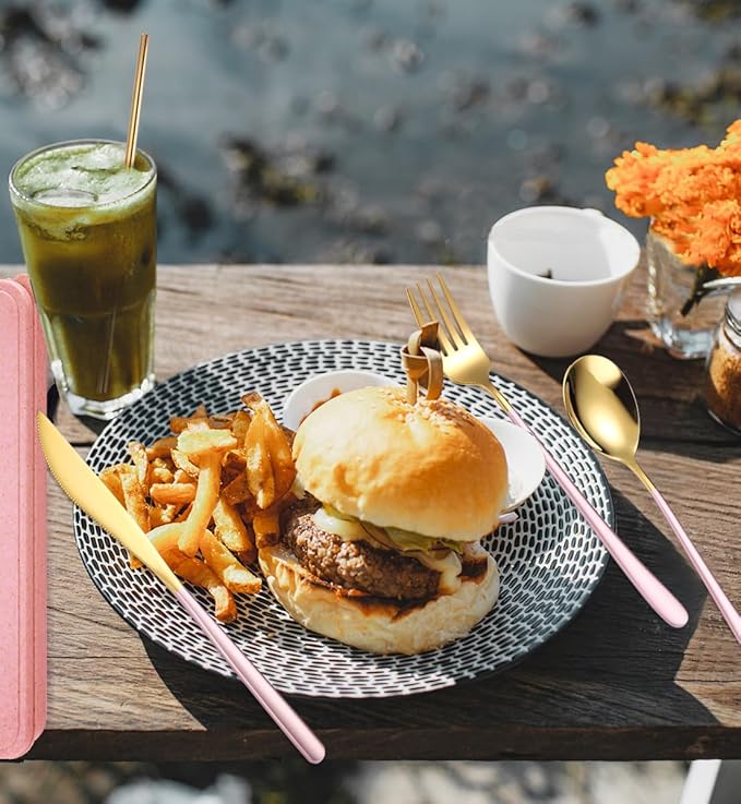 AARAINBOW 6 Pieces 18/8 Stainless Steel Flatware Set Portable Reusable Cutlery Set Travel Utensils Set Including Chopsticks Knife Fork Spoon Straws Cleaning Brush Dishwasher Safe (Pink golden)