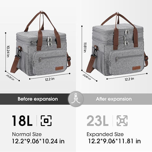 Maelstrom 23L Insulated Lunch Box For Men Women,Expandable Double Deck Lunch Cooler Bag,Lightweight Leakproof Tote Bag With Side Tissue Pocket,Gray