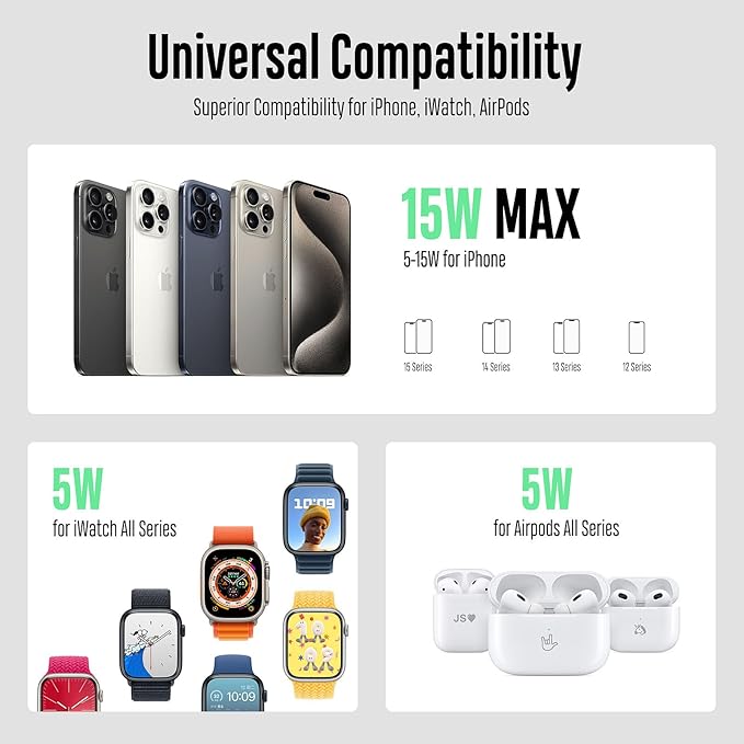 Fast Wireless Charger, Magnetic Foldable 3 in 1 Charging Station for iPhone 17/16/15/14/13/12 Pro/Plus/Pro Max, 5W Portable Charger for Apple Watch9/8/7/6/5/4/SE, for Airpods