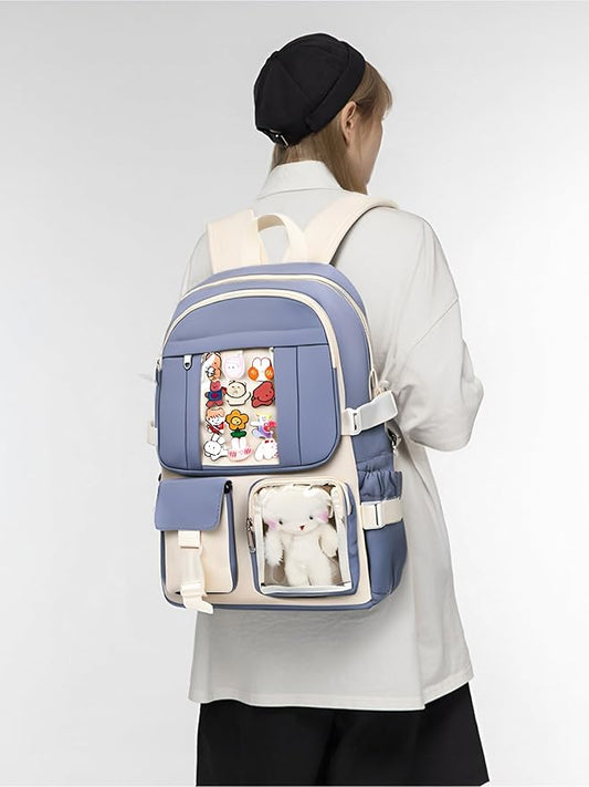Kawaii Backpack for Teen Girls, Cute Aesthetic High Middle School College Bookbag with Accessories, Blue and Beige