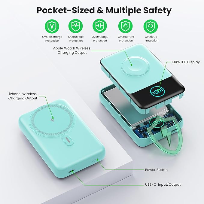 Magnetic Portable Charger for iPhone, 3-in-1 10800mAh Qi2 15W Wireless Power Bank with iWatch Charger,30W PD Fast Charging USB-C LCD Display Battery Pack for Magsafe,iPhone 16/15/14/13/12, Apple Watch