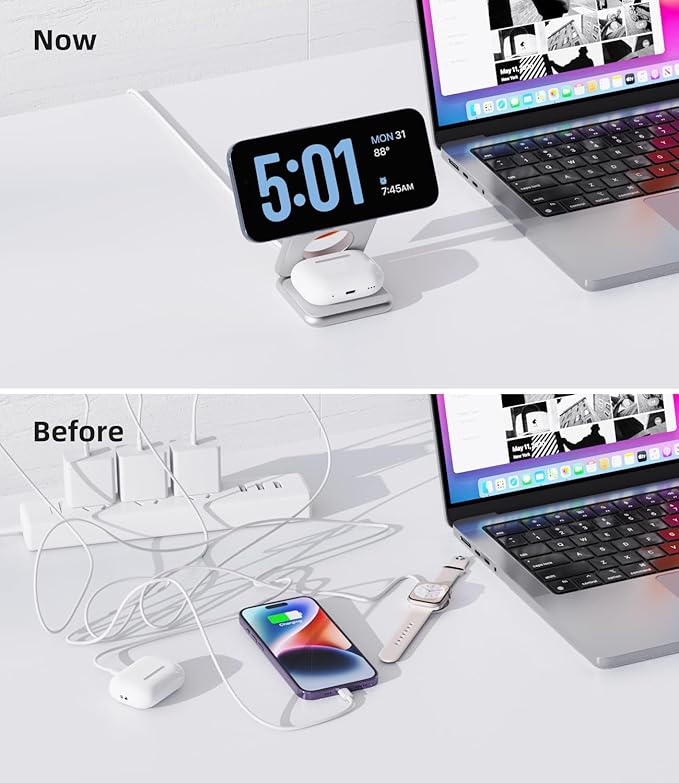 Foldable Magnetic Wireless Charger, KU XIU X40 Aluminum Alloy 3-in-1 Charging Station for Apple, Fast Charging Travel Charger for iPhone 16 15 14 13 12Series, 5W Apple Watch 1-10/Ultra, AirPods,Silver