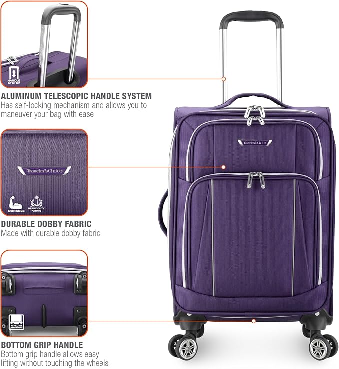 Traveler's Choice Lares Softside Expandable Luggage with Spinner Wheels, Purple, 3 Piece Luggage Set