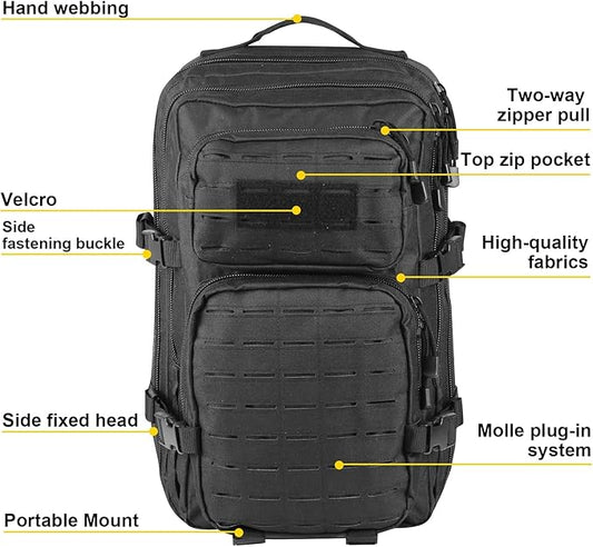 40L Tactical Backpack, Camouflage Military Bug Out Bag, Durable MOLLE Hiking Camping Gear (BLACK)