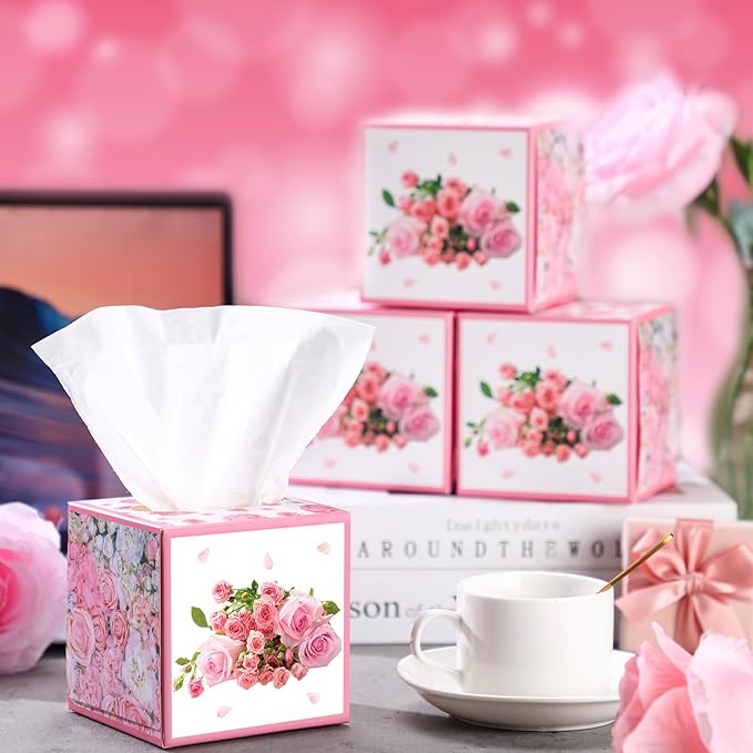 12 Pack Summer Rose Floral Facial Tissues Cube Boxes 600 Sheets 3 Ply Pink Small Square Flower Face Tissues Bulk for Summer Car Bedroom Supplies