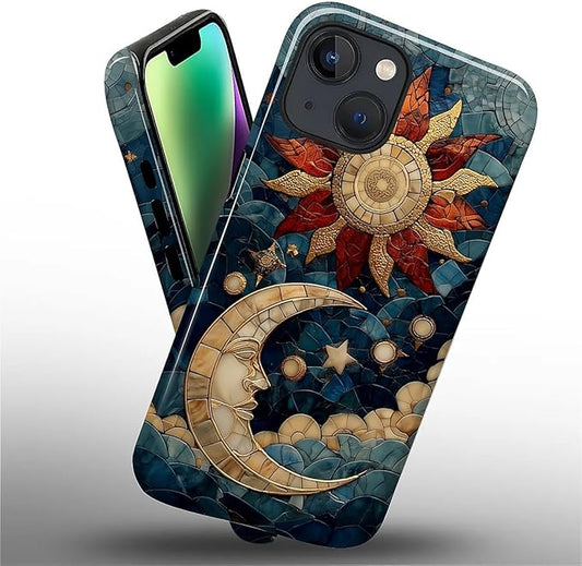 Case for iPhone 13 iPhone 14 Case,Sun Moon Stars Faux Stained Glass Design Hybrid Dual Protection Silicone + Hard PC Shockproof Full Body Cover,Slim Anti-Scratch Protective for Men Women
