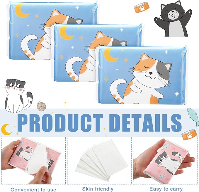 24 Packs Travel Size Tissue Pocket Slim Pack Facial 3 Ply Wallet Size Pocket Tissues for Travel Wedding Party Favors, 6 Styles(Cat)