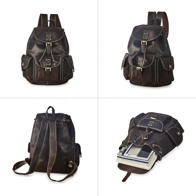 Backpack for Men Women Vintage Crazy Horse Full Leather Travel Daypack 15.6" Laptop Rucksack