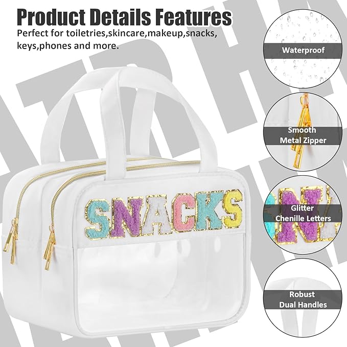 Chenille Letter Clear Makeup Bags Snacks Bag for Travel, Preppy Patch Nylon Cosmetic Pouch with Handles and Zipper, Waterproof Large Clear Travel Toiletry Purse Storage for Women White
