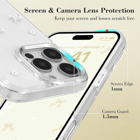 EYZUTAK Case for iPhone 16 Pro, Bling Glitter 3D Bowknot Phone Case Cute Sparkly Crystal Clear Bow Aesthetic Design Case Slim Soft Durable TPU Transparent Protective Cover for Women Girl - White Bow