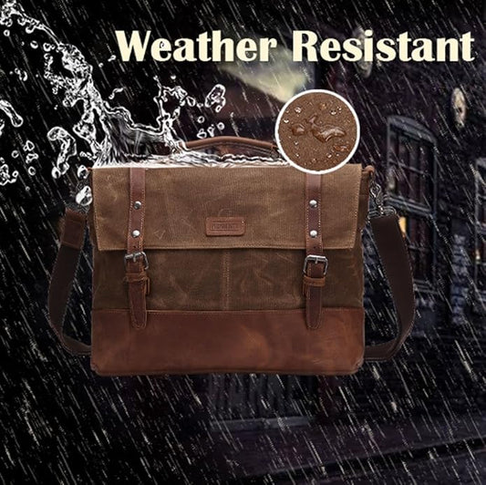 Laptop Messenger Bag 15.6" for Men Waxed Canvas Vintage Leather Business Briefcase Shoulder Bags Waterproof