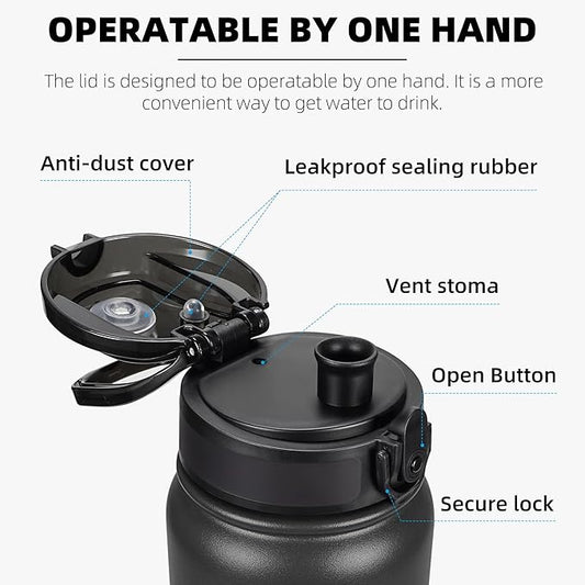Fanhaw 20 Oz Insulated Stainless Steel Vacuum Water Bottle with Anti-Dust Pop-Open Lid - For Kids, Women, Men | Leak & Sweat Proof (Black)