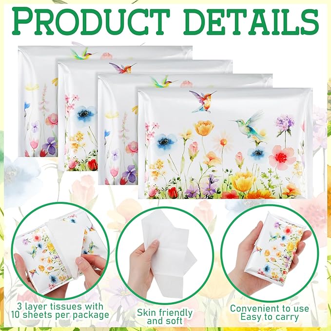 50 Pack Summer Floral Pocket Tissues Individual Packs Wildflower Wallet Tissue Travel Bulk 3 Ply Flower Facial Pocket Packets for Summer Wedding Birthday Party Supplies