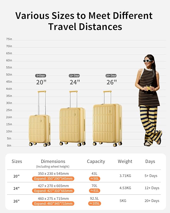 aji Expandable Top Open 26 Inch Checked Luggage with Spinner Wheels, Large Suitcase with TSA Lock, Hardside Travel Luggage Suitcases for Men Women, for 24+Days Travel, Cheese Yellow