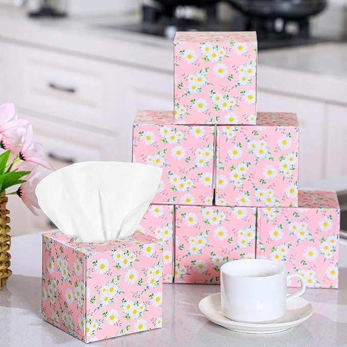 12 Pack Summer Daisies Floral Facial Tissues Cube Boxes 600 Sheets 3 Ply Pink Small Flower Face Tissues Bulk for Summer Car Bedroom Supplies