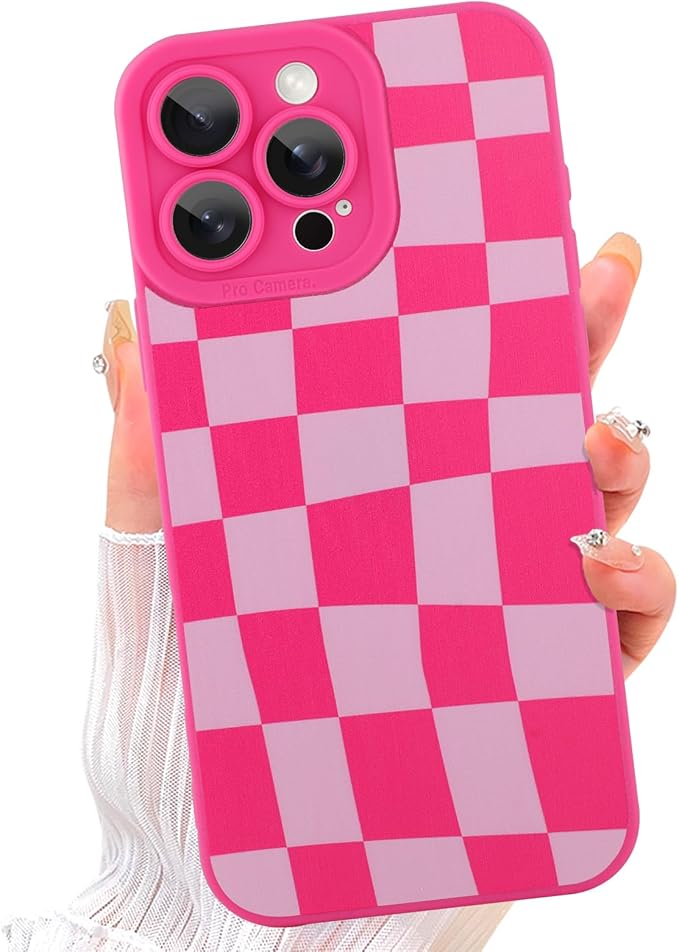 ZIYE for iPhone 16 Pro Max Case Hot Pink Grids Plaid Checkerboard Pattern Phone Case with Camera Protection,Soft TPU Silicone Rubber Protective Cover Grid Checkered Chess Design Cases