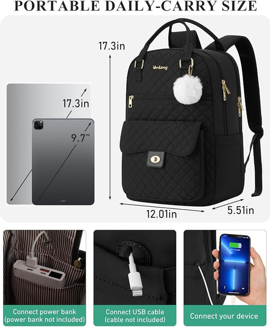 Girls Backpack for School, 17.3in Laptop Backpack Purse with Charging Hole for Travel Work, Cute Book Bag Computer Daypack for Women, Black